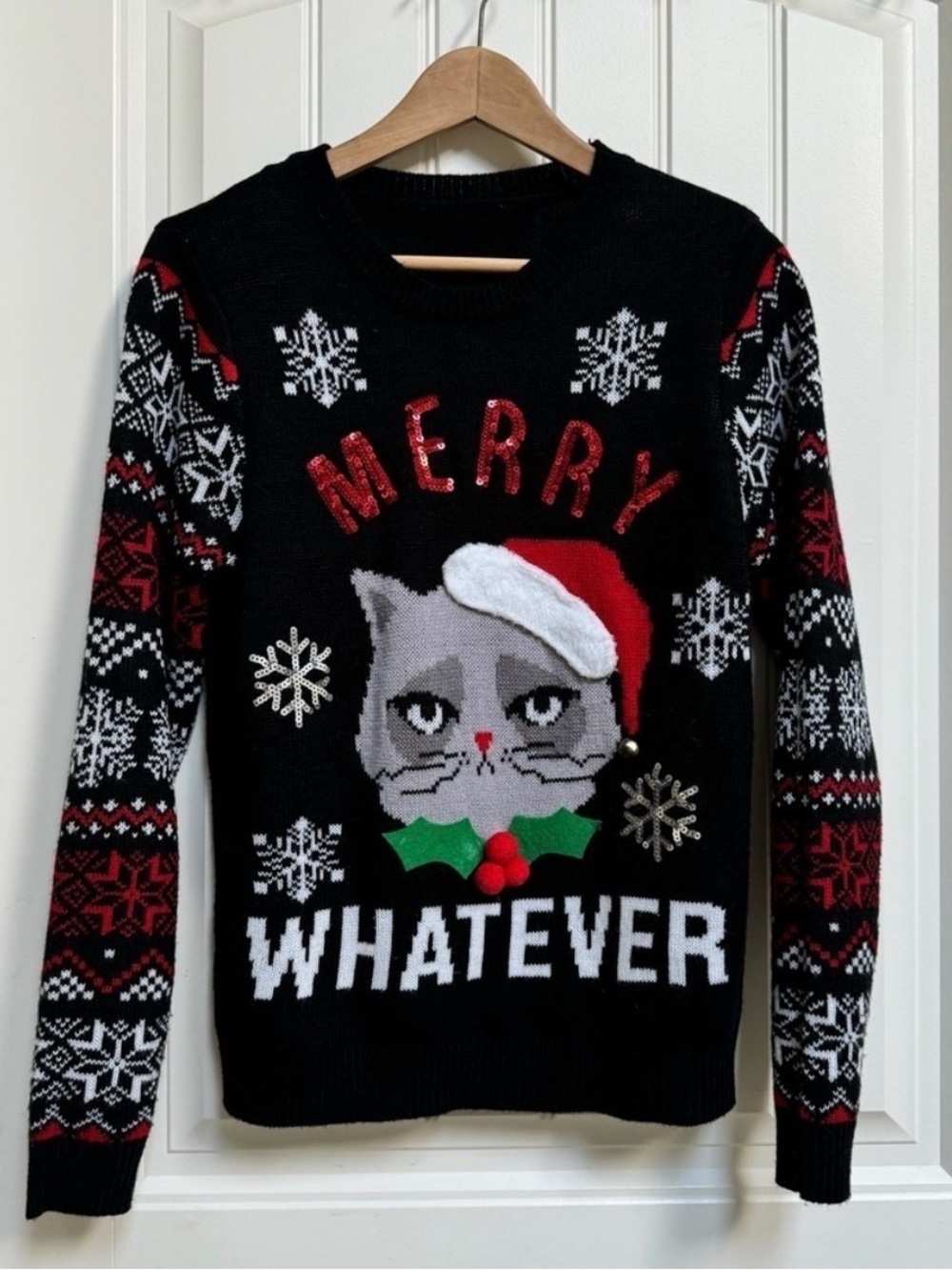 “Merry Whatever” Grumpy Cat Ugly Xmas Sweater Size M/L